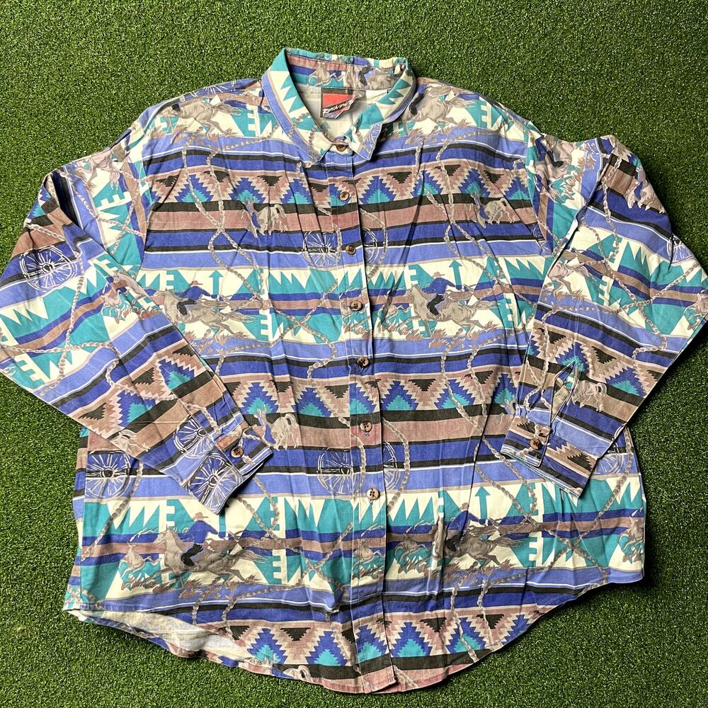 VTG Ranch and Town Panhandle Blue Aztec Cowboy Long Sleeve Button Up Shirt Sz L